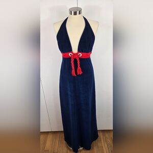 Vintage Velour 70's Backless Navy Dress with Red Accents